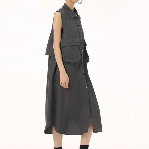 Load image into Gallery viewer, Women Black Shaped Pockets Big Size Midi Shirt Vest Dress New Lapel Sleeveless Fashion Tide Spring Autumn 2025 1DH9471
