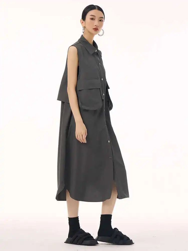 Women Black Shaped Pockets Big Size Midi Shirt Vest Dress New Lapel Sleeveless Fashion Tide Spring Autumn 2025 1DH9471