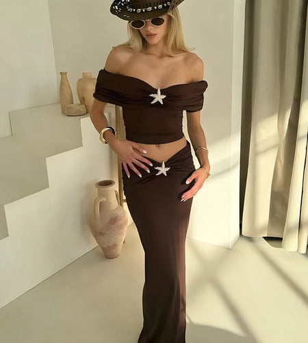 Sleeveless Sexy Skirt Two Pieces Sets Women Off-shoulder Crop Tops And Elegant Thigh Split Long Skirt Two Pieces Sets