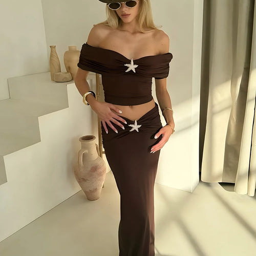 Load image into Gallery viewer, Sleeveless Sexy Skirt Two Pieces Sets Women Off-shoulder Crop Tops And Elegant Thigh Split Long Skirt Two Pieces Sets
