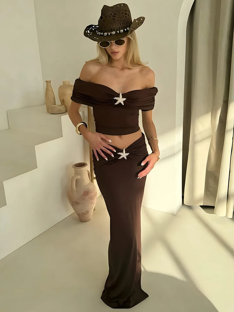 Sleeveless Sexy Skirt Two Pieces Sets Women Off-shoulder Crop Tops And Elegant Thigh Split Long Skirt Two Pieces Sets