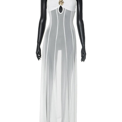 Load image into Gallery viewer, See Through Spaghetti Strap Sexy Maxi Dress For Women Gown Summer New Metal Buckle Sleeveless Backless Beach Long Dress
