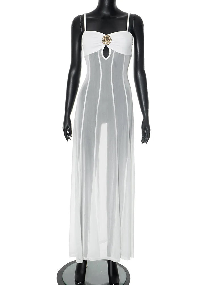 See Through Spaghetti Strap Sexy Maxi Dress For Women Gown Summer New Metal Buckle Sleeveless Backless Beach Long Dress