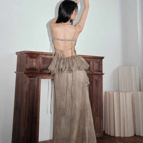 Load image into Gallery viewer, Khaki Ruffles Tank Top Skirt Two Pieces Suit New Square Collar Sleeveless Women Fashion Tide Spring Summer 2025 1DJ1459
