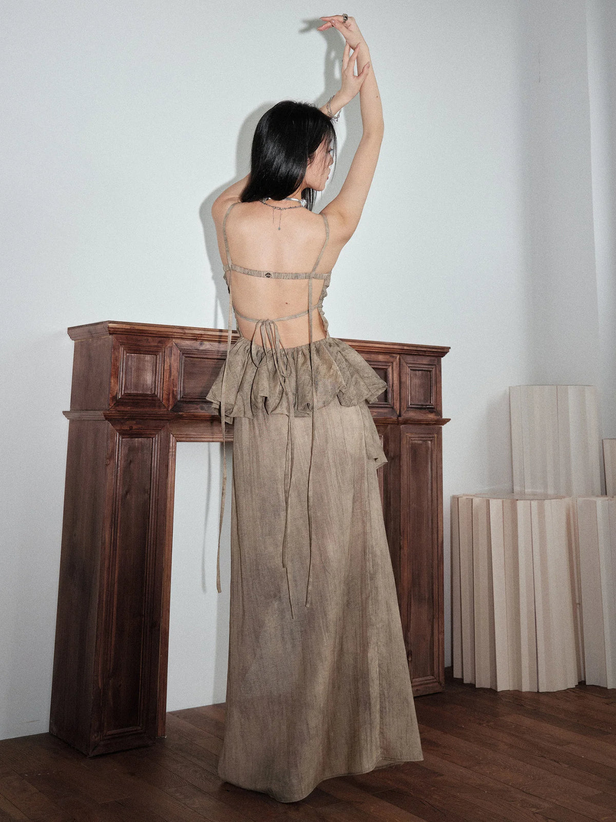 Khaki Ruffles Tank Top Skirt Two Pieces Suit New Square Collar Sleeveless Women Fashion Tide Spring Summer 2025 1DJ1459