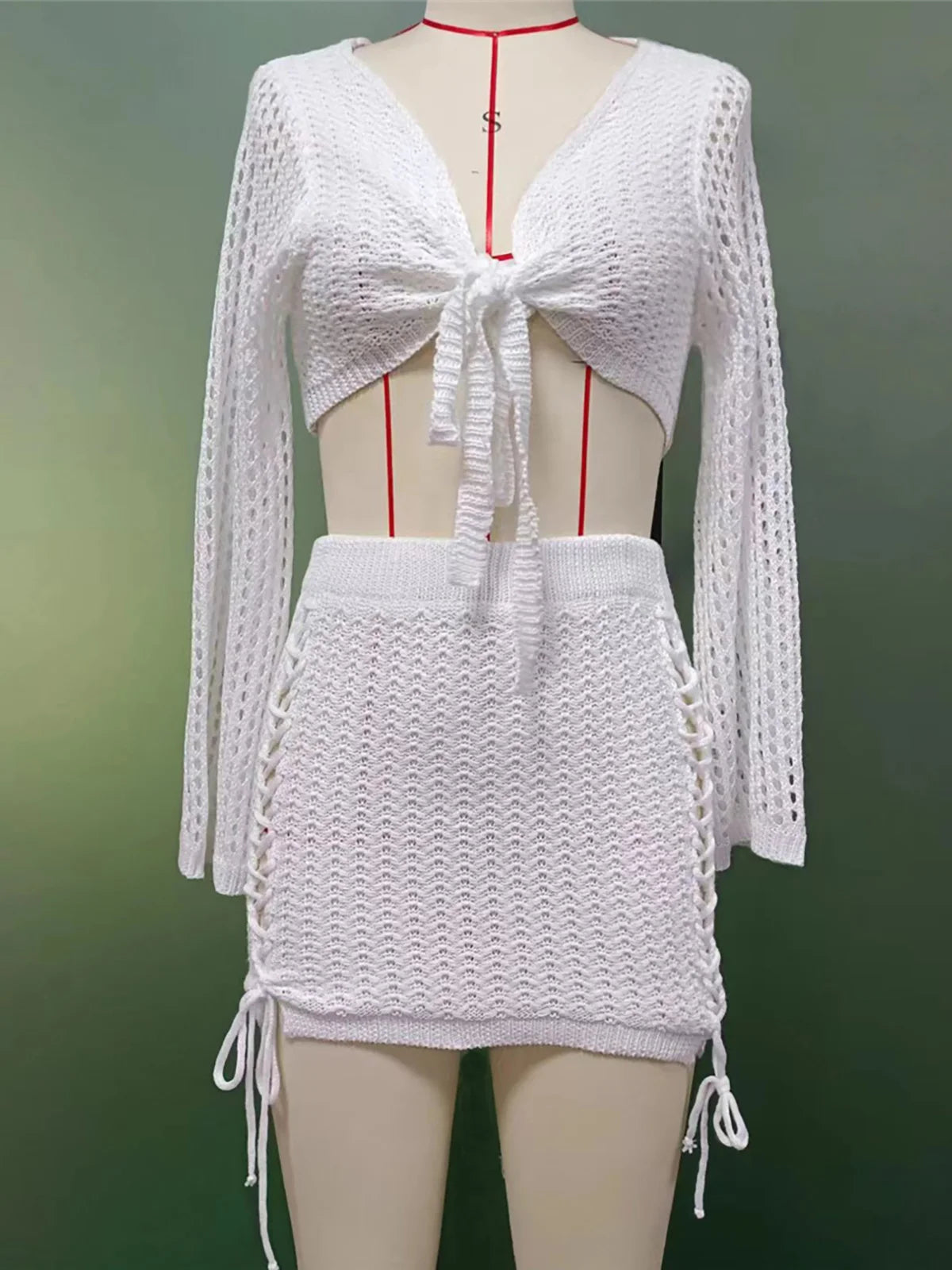 6 Colors Hollow Out Long Sleeve Crochet Knitted Tunic Beach Cover Up Cover-ups Beach Dress Beach Wear Beachwear Female V6001