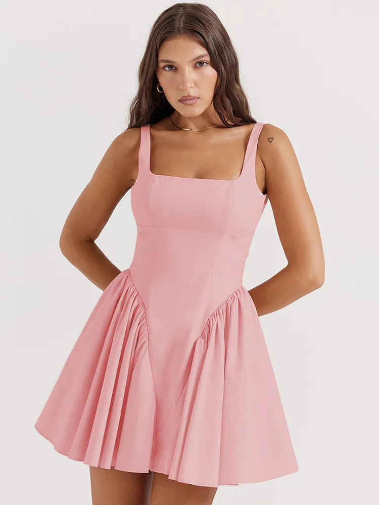 Elegant Backless Bow Mini Dress For Women 2023 Autumn New Square Collar Sleeveless Ruffles Sexy Dress Vintage Fashion