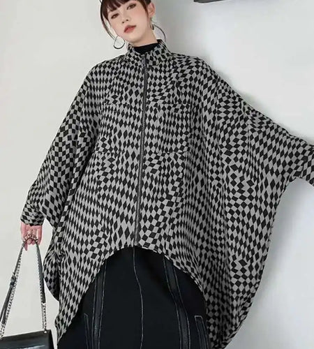 Khaki Plaid Irregular Back Drawstring Big Size Jacket New Stand Collar Women Coat Fashion Tide Spring Autumn 2025 1DF2764