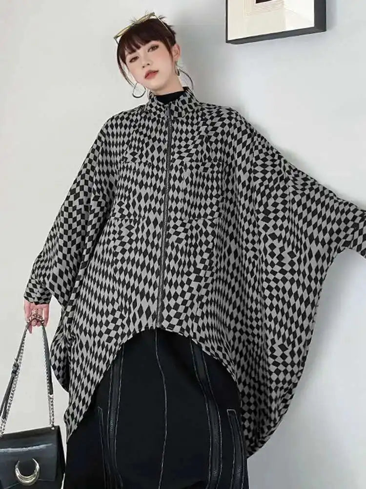 Khaki Plaid Irregular Back Drawstring Big Size Jacket New Stand Collar Women Coat Fashion Tide Spring Autumn 2025 1DF2764