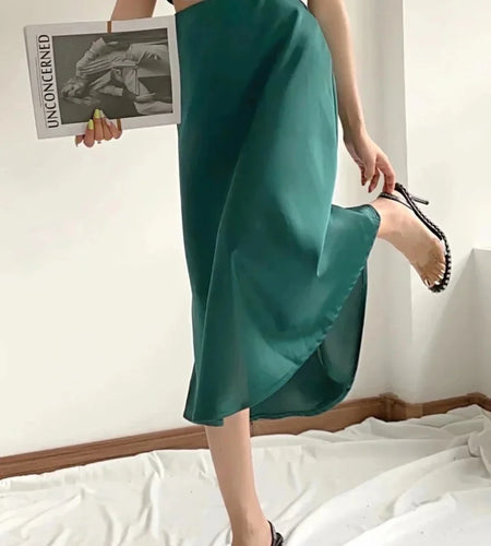 Hot Sale Solid Satin Elastic Waist Women A-Line Skirt Summer Female Slim Falda