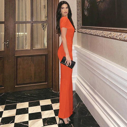 Load image into Gallery viewer, Hollow Out Backless Sexy Maxi Dress For Women Fashion Metal Buckle Solid Short Sleeve High Waist Slim Fit Long Dress
