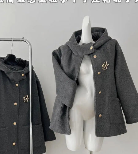 Korean Fashion Women's Grey Single Breasted Hooded Short Woolen Coat Chic Autumn Winter Elegant Loose Jackets 2024 Popular Trend