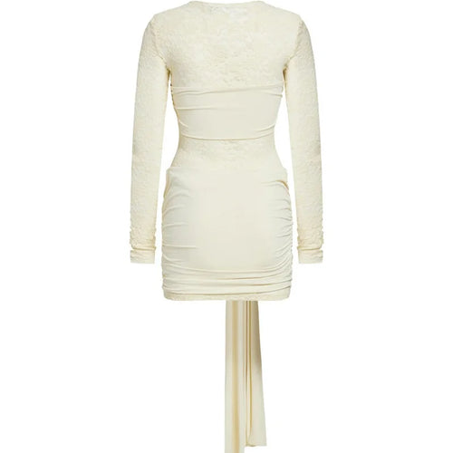 Load image into Gallery viewer, Lace See Through Draped Mini Dress Women Robe Elegant Patchwork Long Sleeve Slim Ruched Club Party Dress Clubwear
