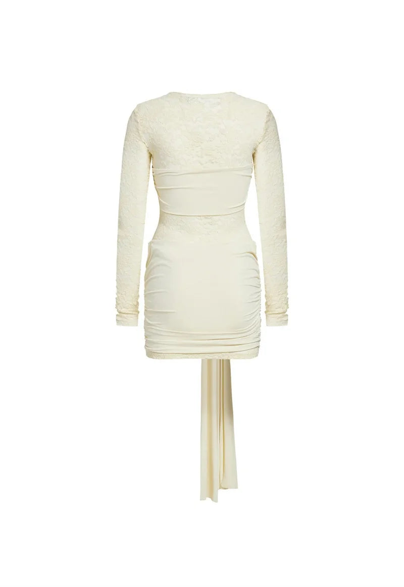 Lace See Through Draped Mini Dress Women Robe Elegant Patchwork Long Sleeve Slim Ruched Club Party Dress Clubwear