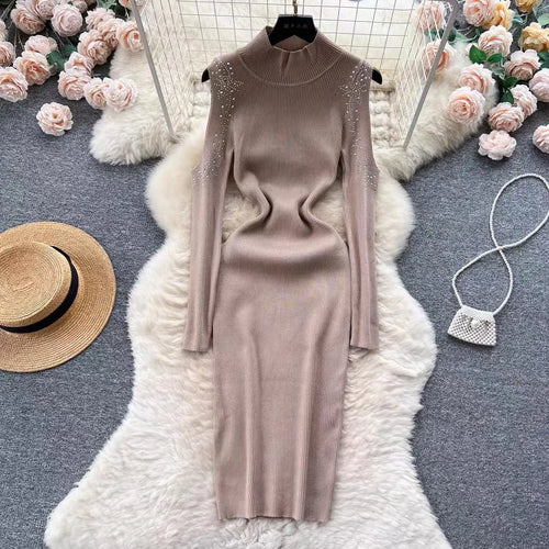 Load image into Gallery viewer, Autumn Elegant Half High Neck Long Sleeves Hollow Out Diamonds Hip Wrap Dress 2023 Fashion Slim Knitted Midi Dress French Simple
