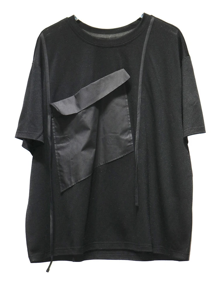 Women White Pocket Color-block Big Size T-shirt New Round Neck Short Sleeve Fashion Tide Spring Summer 2025 1DJ0213