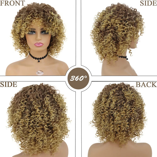 Load image into Gallery viewer, Synthetic Short Curly Wig Natural Hair with Bangs Brown Ombre Blonde Wigs Bounce Fluffy Bob Curls Wigs for Black Women
