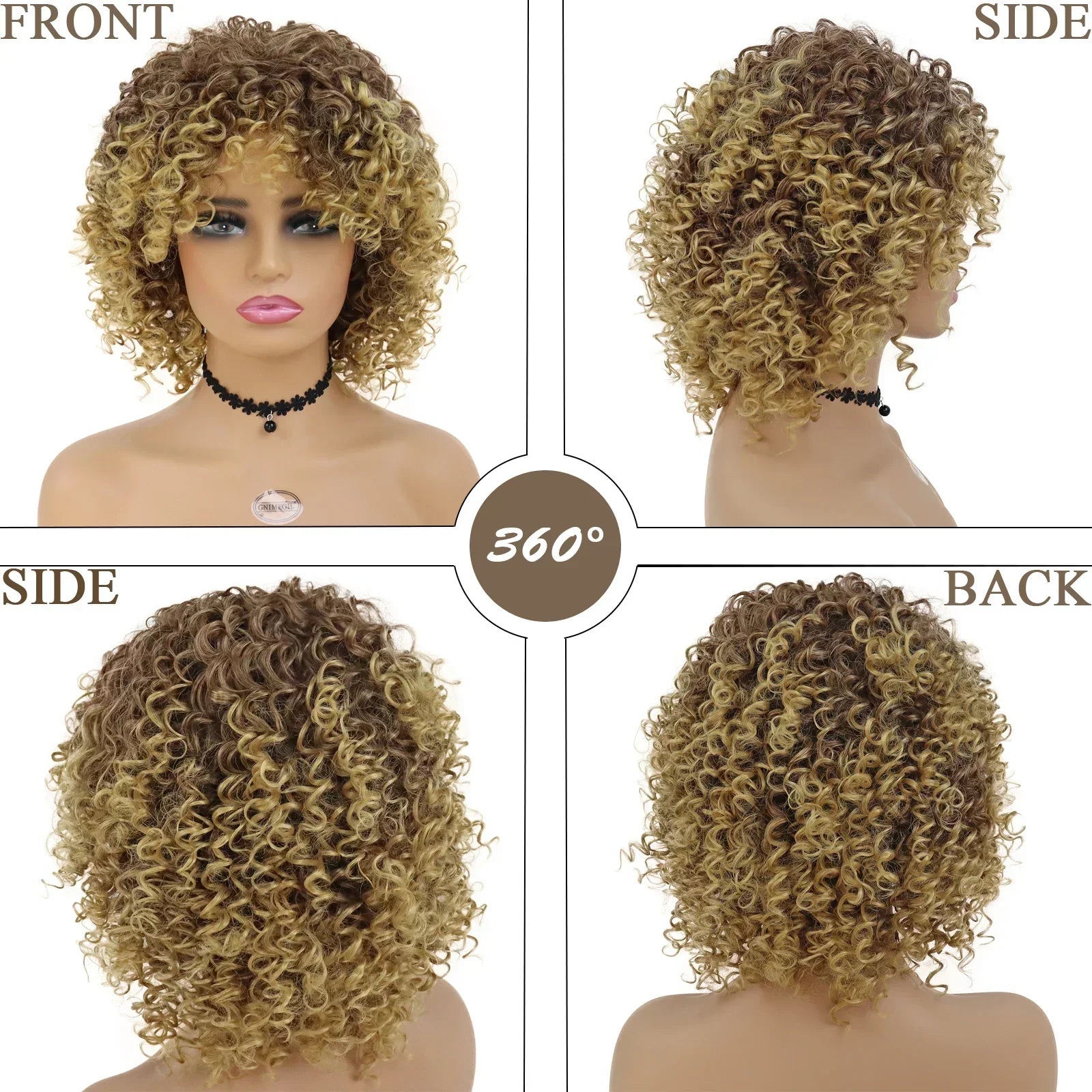 Synthetic Short Curly Wig Natural Hair with Bangs Brown Ombre Blonde Wigs Bounce Fluffy Bob Curls Wigs for Black Women