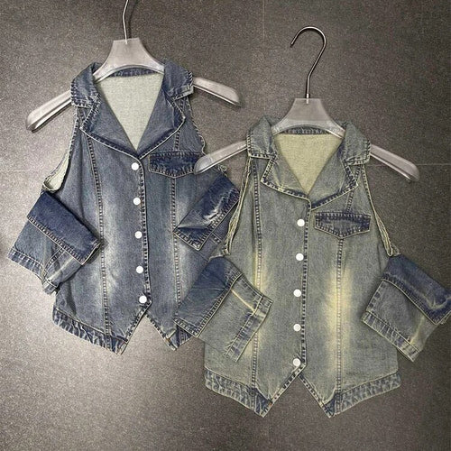 Load image into Gallery viewer, Patchwork Button Denim Shirts For Women Lapel Sleeveless Loose Off Shoulder Summer Blouse Female Fashion Clothing
