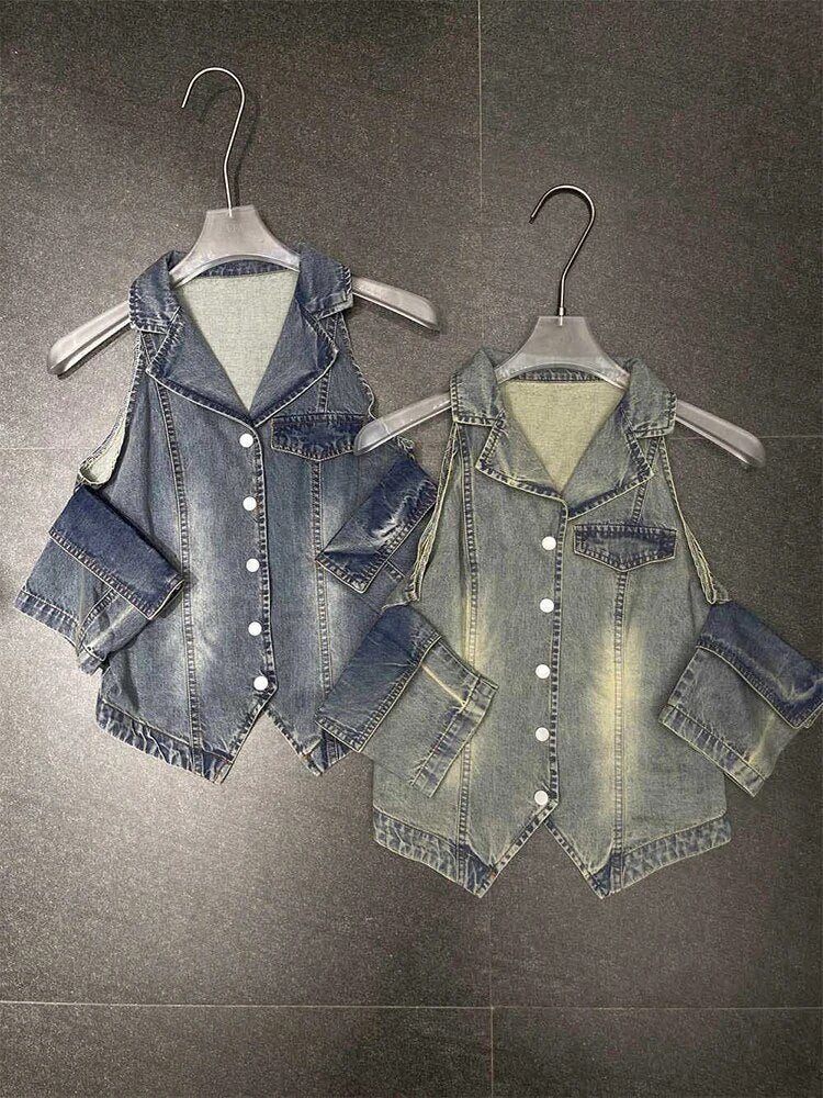 Patchwork Button Denim Shirts For Women Lapel Sleeveless Loose Off Shoulder Summer Blouse Female Fashion Clothing