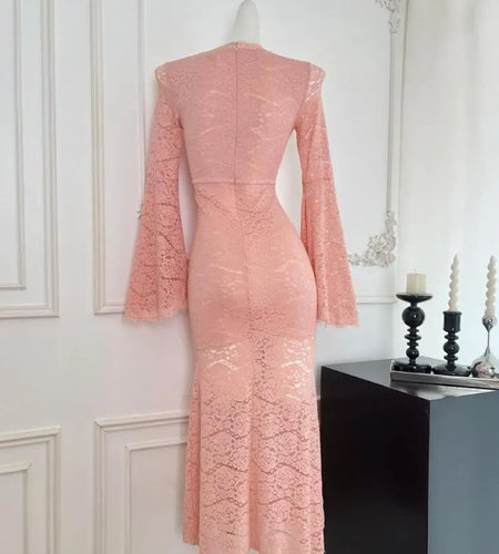 Autumn Winter Vintage Sweet Pink Lace V Neck Bandage Dress French Women's Elegant Long Sleeved Slim Birthday Party Dress Fashion