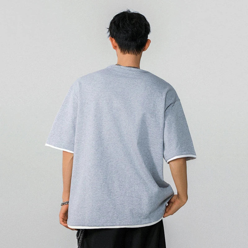 Fake Two-piece Men's T-shirt Summer New Trendy Solid Color Tees Half Sleeves Round-collar Loose Male T-shirts 2025 9W1295