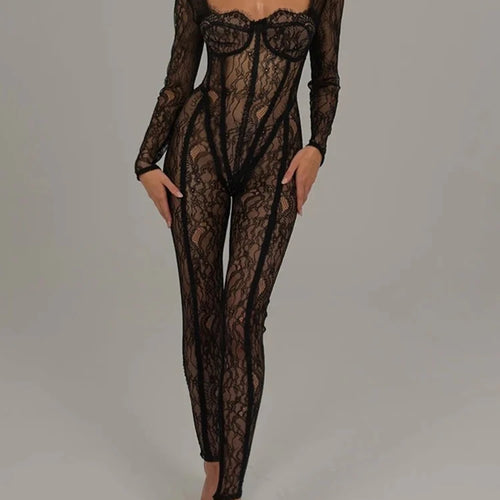 Load image into Gallery viewer, Women's Lace Long Sleeve Fishbone Jumpsuit, Square Neck Print, Perspective Corset, Tight Jumpsuit, Female Nightclub Part
