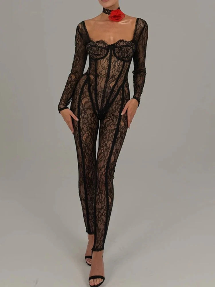 Women's Lace Long Sleeve Fishbone Jumpsuit, Square Neck Print, Perspective Corset, Tight Jumpsuit, Female Nightclub Part