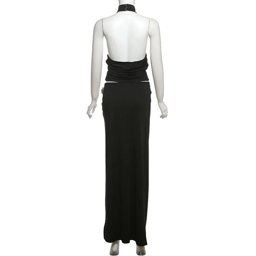 Load image into Gallery viewer, Sexy Sleeveless Skirt Two Pieces Sets For Women Metal Buckle Backless Tops And Thigh Split Long Skirt Two Pieces Sets
