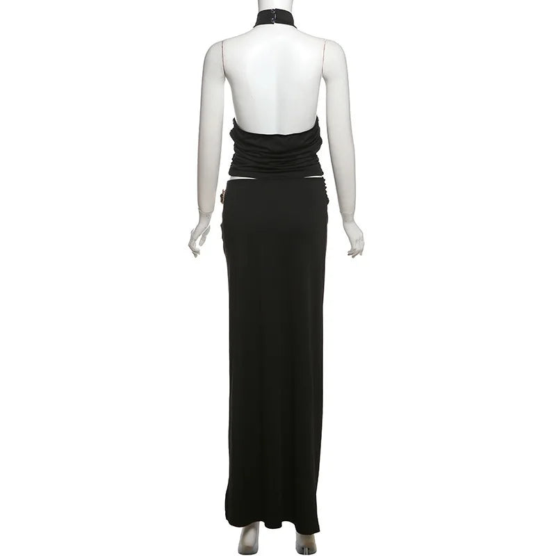 Sexy Sleeveless Skirt Two Pieces Sets For Women Metal Buckle Backless Tops And Thigh Split Long Skirt Two Pieces Sets