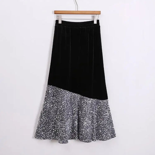 Load image into Gallery viewer, Autumn Winter French Vintage Sequin Patchwork Velvet Fishtail Long Skirts Women's 2024 Elegant High Waist Festival Skirt Street
