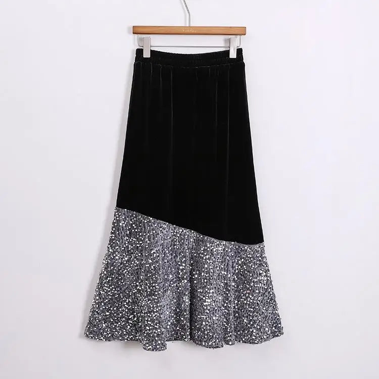 Autumn Winter French Vintage Sequin Patchwork Velvet Fishtail Long Skirts Women's 2024 Elegant High Waist Festival Skirt Street