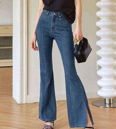 Fashion Skinny Denim Flare Pants For Women High Waist Solid Minimalist Side Split Jeans Female Clothing Spring