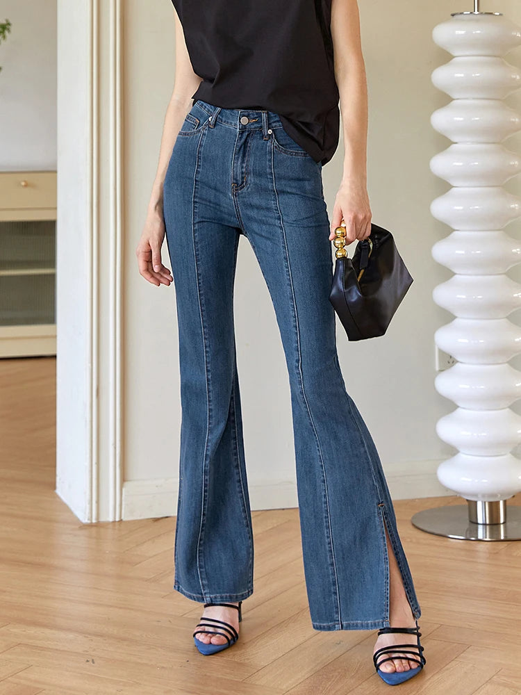 Fashion Skinny Denim Flare Pants For Women High Waist Solid Minimalist Side Split Jeans Female Clothing Spring