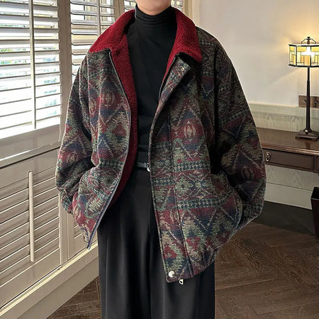 Fashion Men's Lamb Wool Jacket Knitted Contrast Color Jacquard Loose Casual Male Retro Cotton Padded Jackets 9C9039