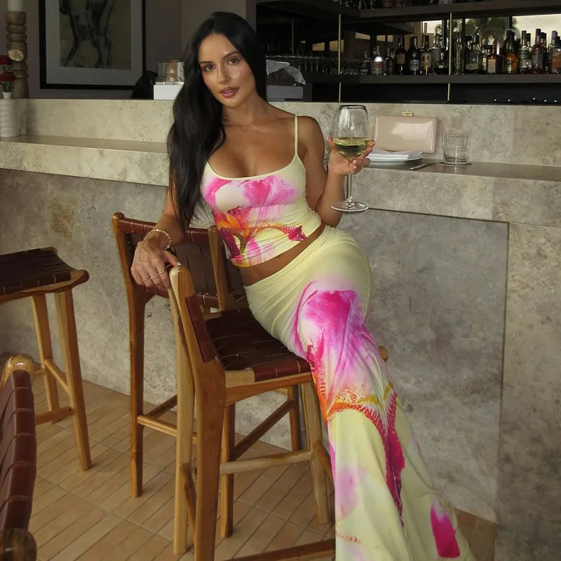Print Two Piece Sets Women Halter Cropped Top And Maxi Skirt Ladies Fashion Summer New High Waist Skinny Skirt Set