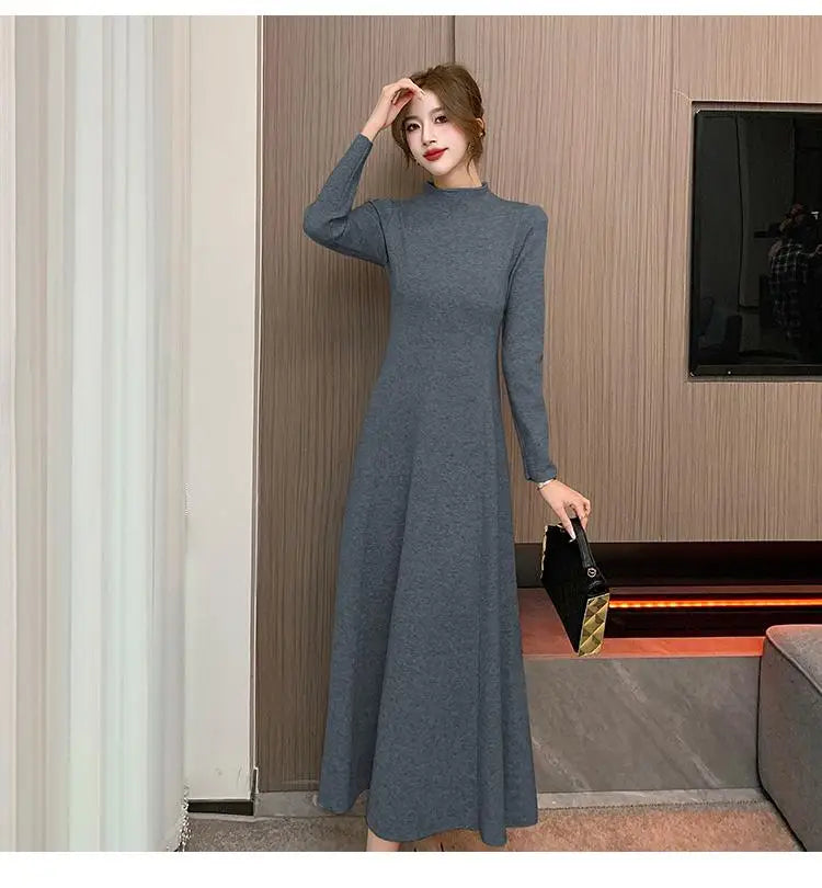 Solid Knitted Sweater Dresses For Women Party Clothing Half Turtleneck Autumn Winter 2023 A-line Warm Long Dress Vintage Casual