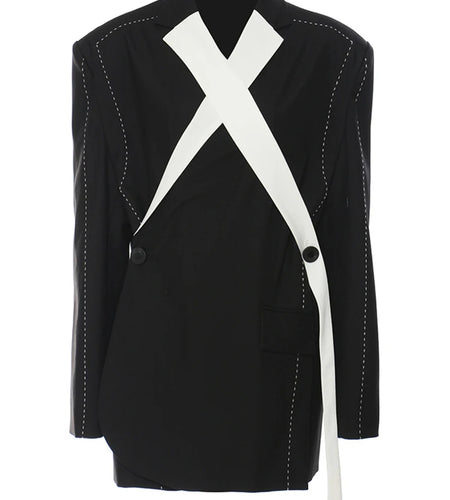 Women Topstitched Cross Big Size Blazer New Lapel Long Sleeve Loose Fit Jacket Fashion Tide Spring Autumn 2025 1DE9036