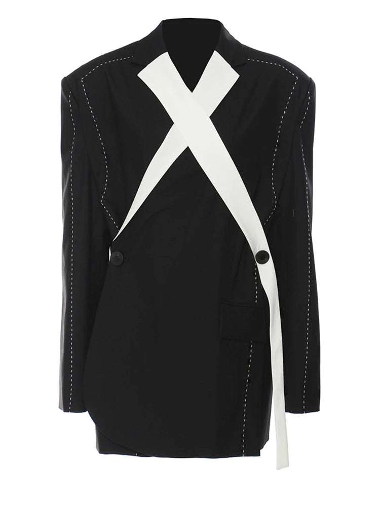 Women Topstitched Cross Big Size Blazer New Lapel Long Sleeve Loose Fit Jacket Fashion Tide Spring Autumn 2025 1DE9036