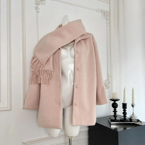 Load image into Gallery viewer, Korean Fashion Sweet Pink Single Breasted Loose Short Woolen Coat Women 2024 Autumn Winter Casual Scarf Jacket Streetwear Simple
