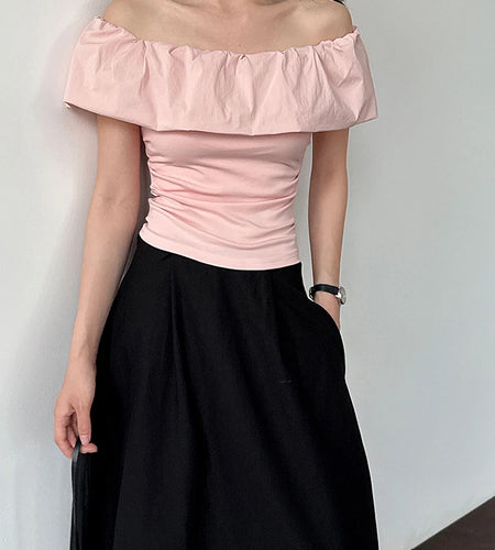 Women White pink Color Ruffles Elegant Slim T-shirt New Slash Neck Short Sleeve Fashion Tide Spring Summer 2025 1DJ1726