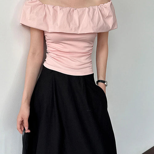 Load image into Gallery viewer, Women White pink Color Ruffles Elegant Slim T-shirt New Slash Neck Short Sleeve Fashion Tide Spring Summer 2025 1DJ1726

