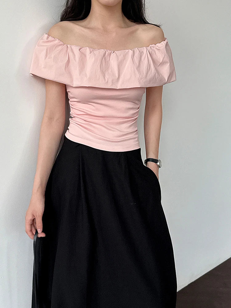 Women White pink Color Ruffles Elegant Slim T-shirt New Slash Neck Short Sleeve Fashion Tide Spring Summer 2025 1DJ1726