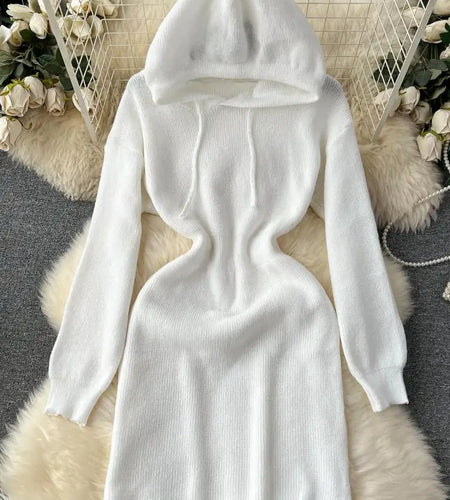 Autumn New White Slim Elegant Long Sleeve Hooded Mini Dress Women Black Elegant Slim Gray Knit Hip Wrap Dresses Popular Fashion