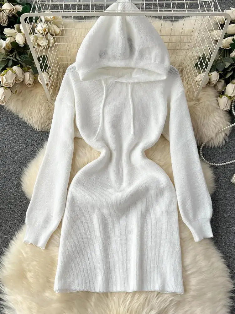 Autumn New White Slim Elegant Long Sleeve Hooded Mini Dress Women Black Elegant Slim Gray Knit Hip Wrap Dresses Popular Fashion