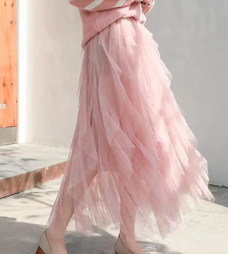 Spring Summer French Fashion Vintage Solid Mesh Slim Fairy Long Skirt Women High Waist Elegant Party Pleated A-line Skirt Simple