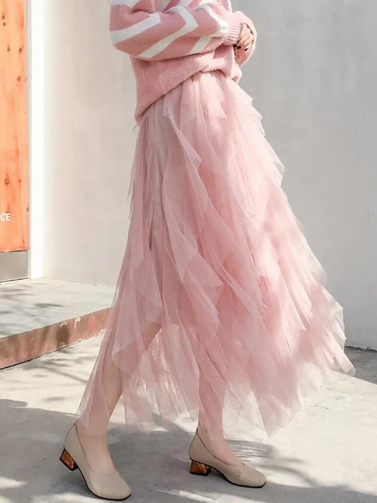 Spring Summer French Fashion Vintage Solid Mesh Slim Fairy Long Skirt Women High Waist Elegant Party Pleated A-line Skirt Simple