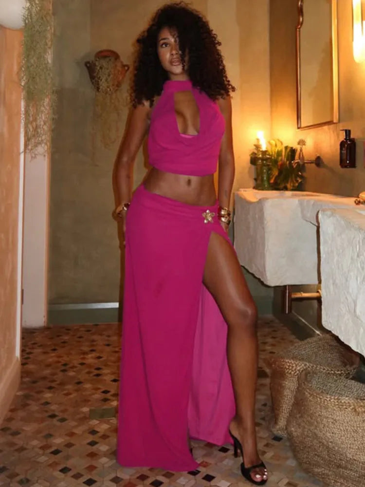 Sexy Sleeveless Skirt Two Pieces Sets For Women Metal Buckle Backless Tops And Thigh Split Long Skirt Two Pieces Sets