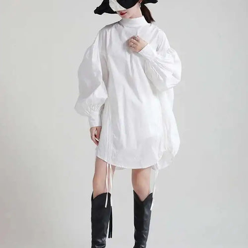 Load image into Gallery viewer, Women Balck Irregular Drawstring Big Size Dress New Stand Collar Long Sleeve Loose Fit Fashion Spring Autumn 2025 1Z18901
