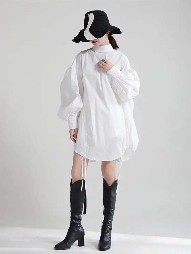Women Balck Irregular Drawstring Big Size Dress New Stand Collar Long Sleeve Loose Fit Fashion Spring Autumn 2025 1Z18901